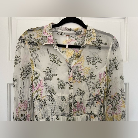 Free People White Sheer Floral Puff Long Sleeve Collared Button Up Flowy Dress - Picture 5 of 15